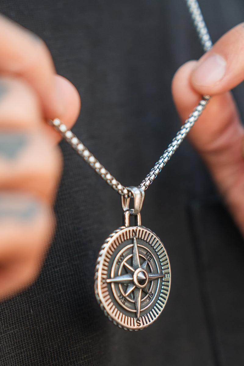 Mens Quarter Silver Compass Necklace Men's 