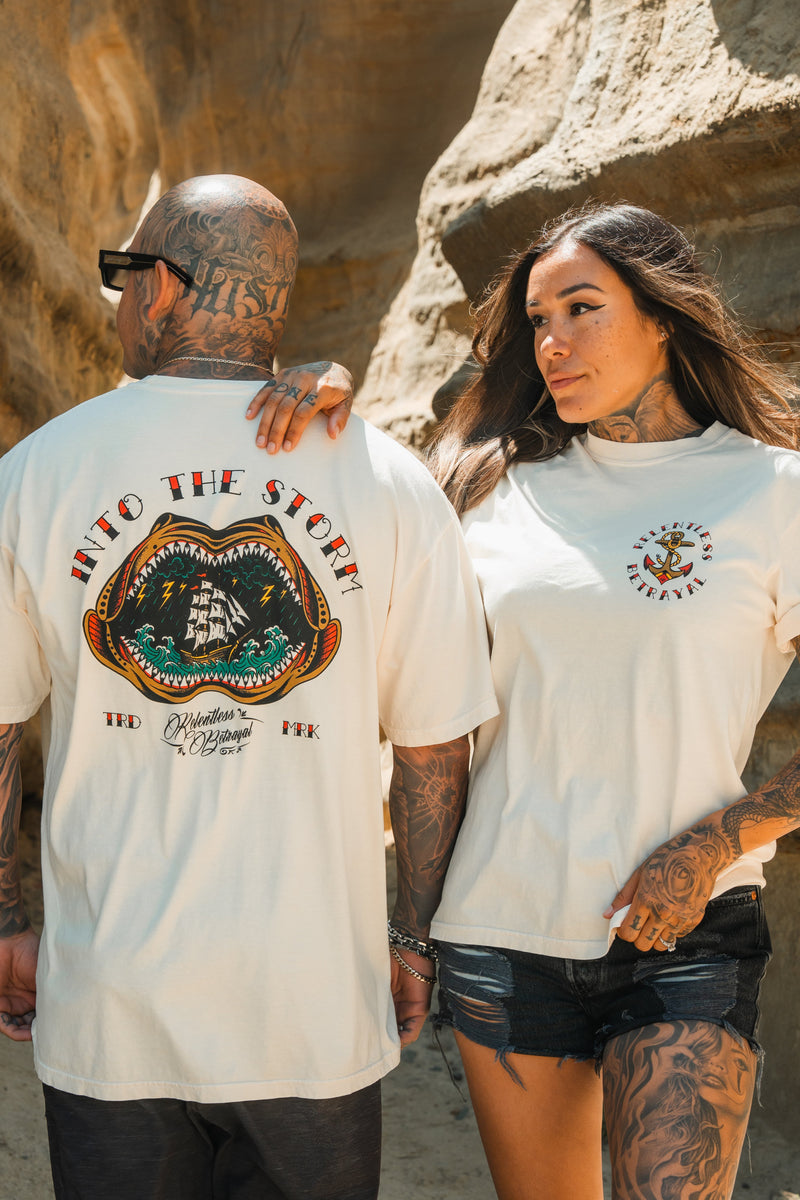 Ivory Heavyweight T-Shirt - Shark, Ship, & Storm Design