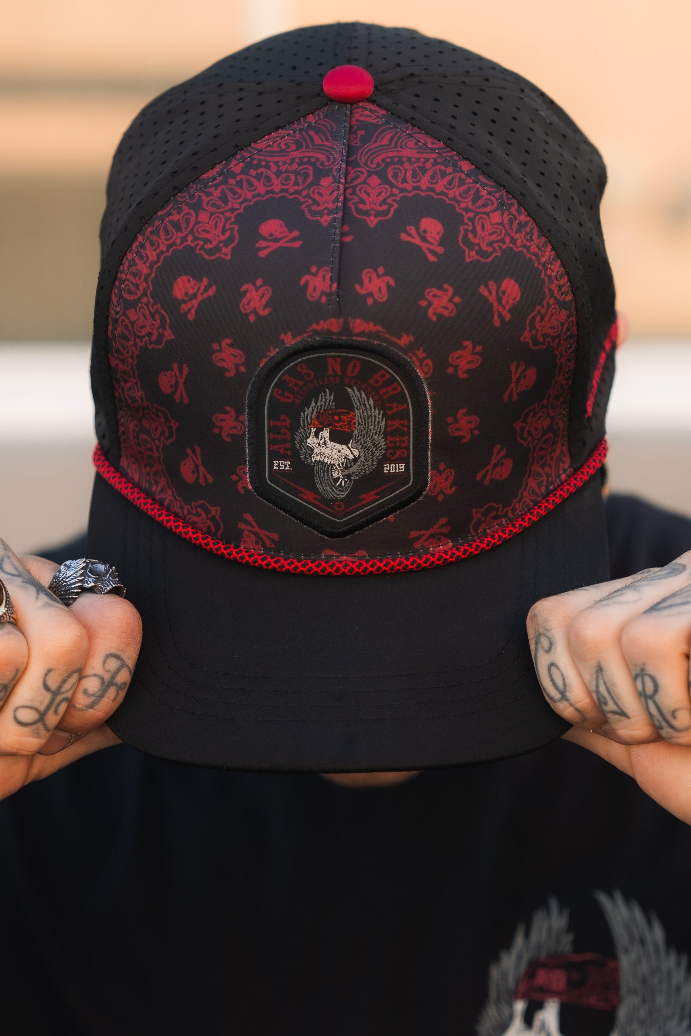 Flat Brim Black/Red Hat - Skull And Wings Design
